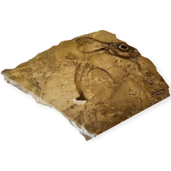 Vintage 80s Stone Slab Marble Rabbit Painting Signed Decor Piece - Picture 8 of 8